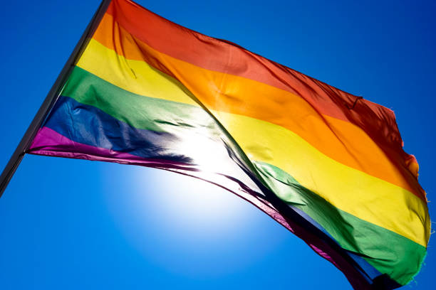istock Rainbow flag waiving in the wind with sun shining through it 819953234