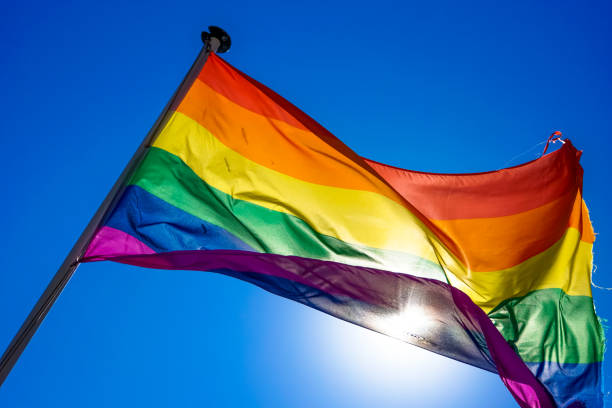 istock Rainbow flag waiving in the wind with sun shining through it 819953240
