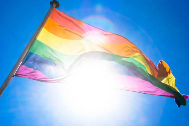 istock Rainbow flag waiving in the wind with sun shining through it 819953282