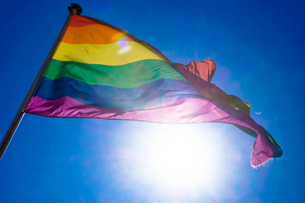 istock Rainbow flag waiving in the wind with sun shining through it 819953308