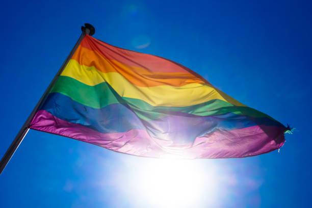 istock Rainbow flag waiving in the wind with sun shining through it 819953310