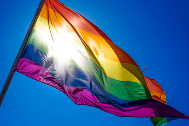 istock Rainbow flag waiving in the wind with sun shining through it 819953318