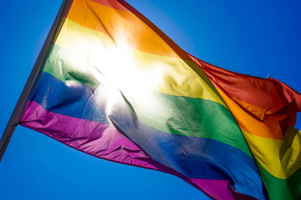 istock Rainbow flag waiving in the wind with sun shining through it 819953330