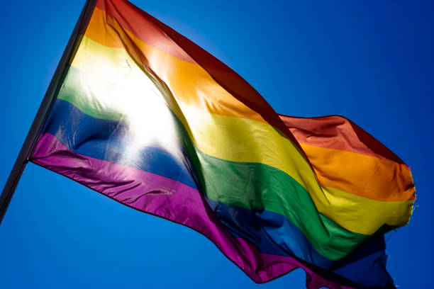 istock Rainbow flag waiving in the wind with sun shining through it 819953340