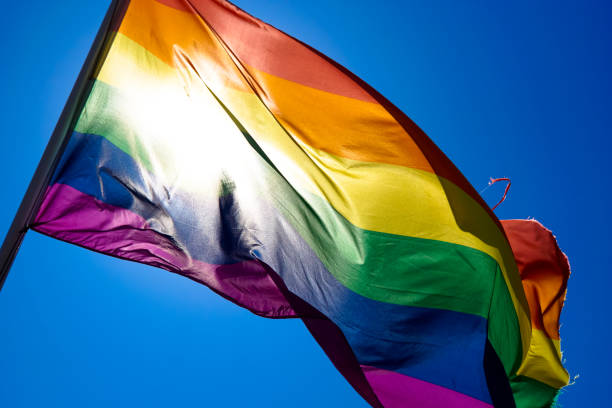 istock Rainbow flag waiving in the wind with sun shining through it 819953346