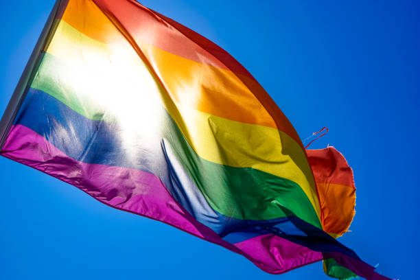 istock Rainbow flag waiving in the wind with sun shining through it 819953348