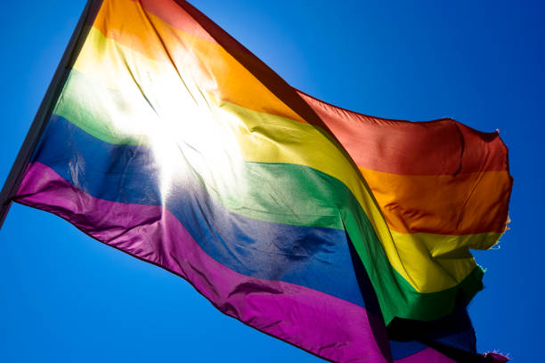 istock Rainbow flag waiving in the wind with sun shining through it 819953354