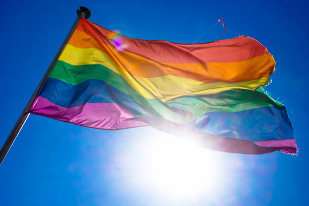 istock Rainbow flag waiving in the wind with sun shining through it 819953358