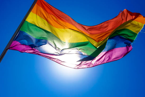 istock Rainbow flag waiving in the wind with sun shining through it 819953360