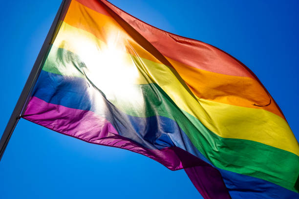 istock Rainbow flag waiving in the wind with sun shining through it 819953372