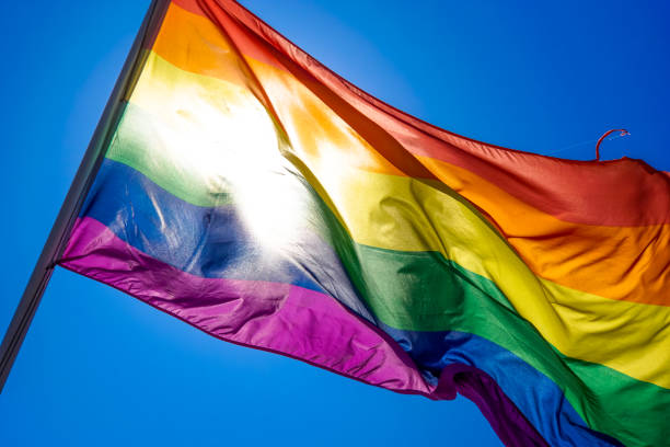 istock Rainbow flag waiving in the wind with sun shining through it 819953380