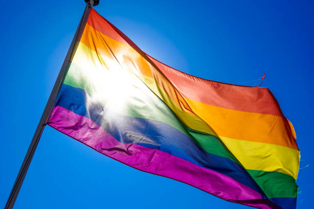 istock Rainbow flag waiving in the wind with sun shining through it 819953390