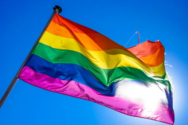 istock Rainbow flag waiving in the wind with sun shining through it 819953402