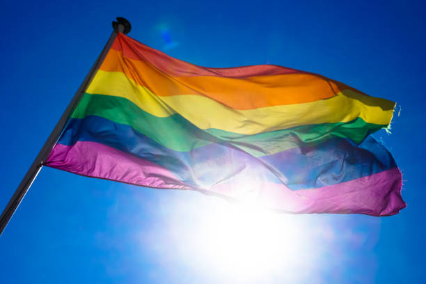 istock Rainbow flag waiving in the wind with sun shining through it 819953404