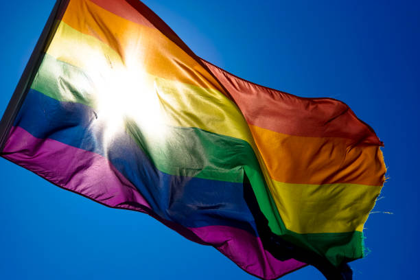 istock Rainbow flag waiving in the wind with sun shining through it 819953406