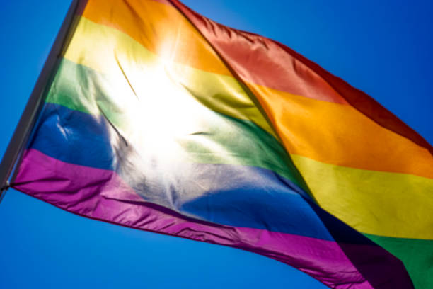 istock Rainbow flag waiving in the wind with sun shining through it 819953426