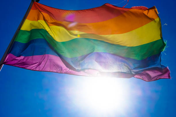 istock Rainbow flag waiving in the wind with sun shining through it 819953428