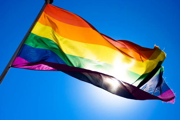 istock Rainbow flag waiving in the wind with sun shining through it 819953436