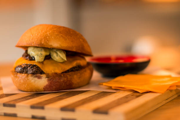 hamburguer artisan in table wood background