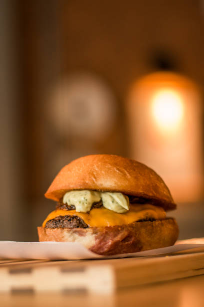 hamburguer artisan in table wood background