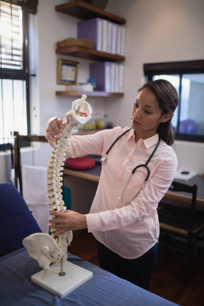 istock Young female therapist examining artificial spine on bed 819965576