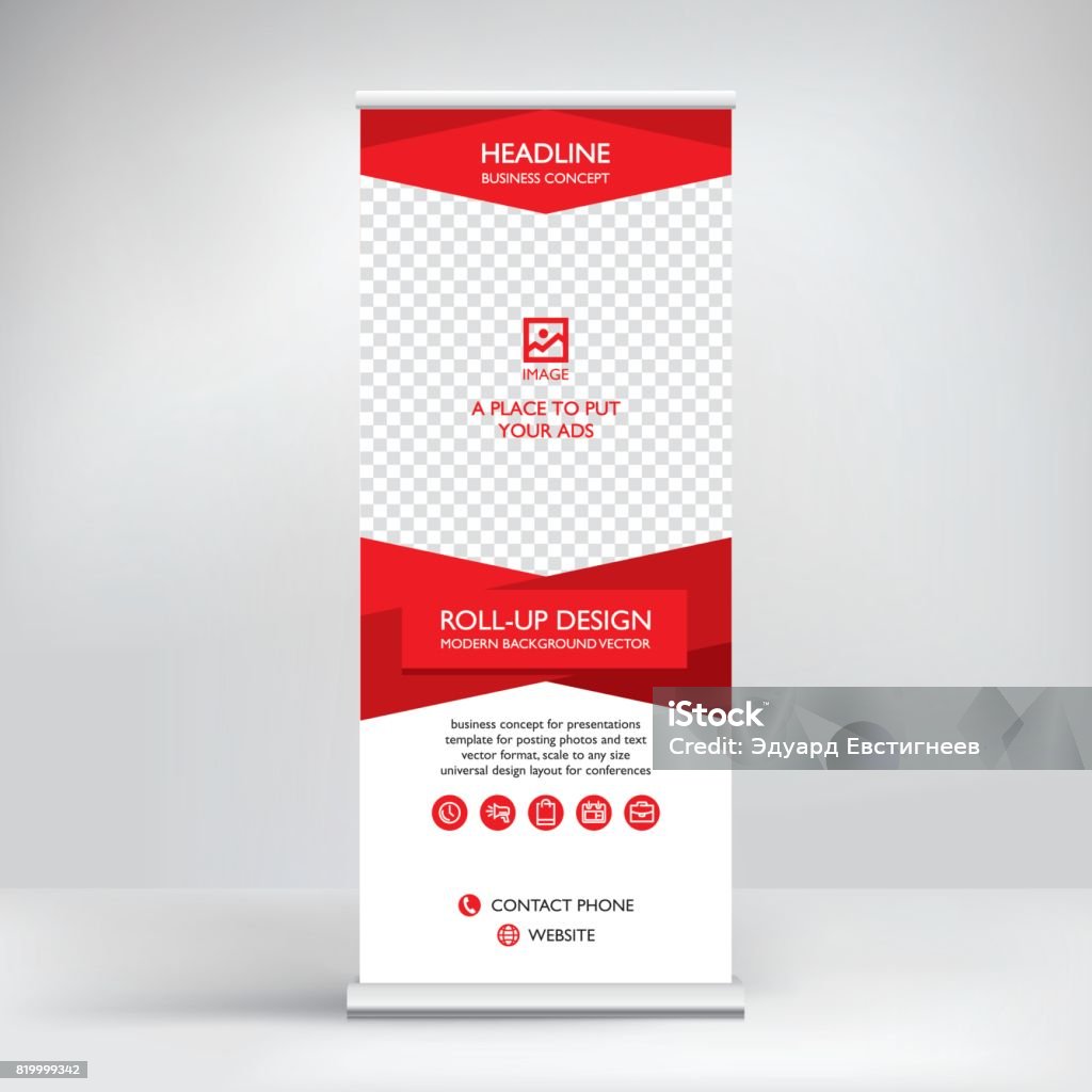 Roll-up banner, stand vector. graphic template for posting photos and text decoration of exhibitions, conferences, seminars, advertising, business concept. Banner - Sign stock vector