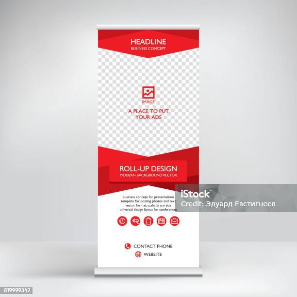 Rollup Banner Stand Vector Stock Illustration - Download Image Now - Banner - Sign, Conference - Event, Red