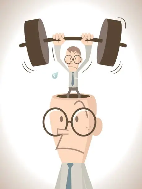 Vector illustration of Weightlifting Businessman with open head, thin man lifting a heavy weight standing into the head. Brain training concept