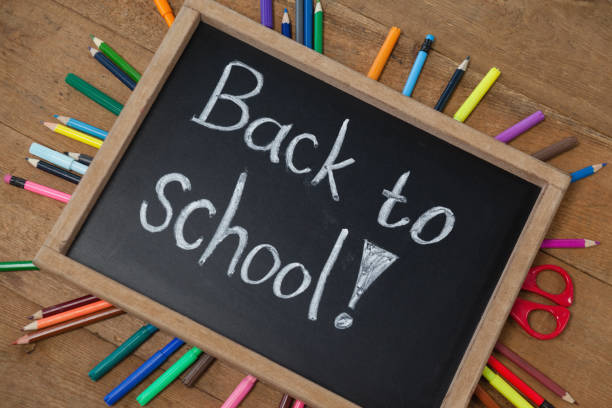istock Text written on slate surrounded with school supplies 820012804