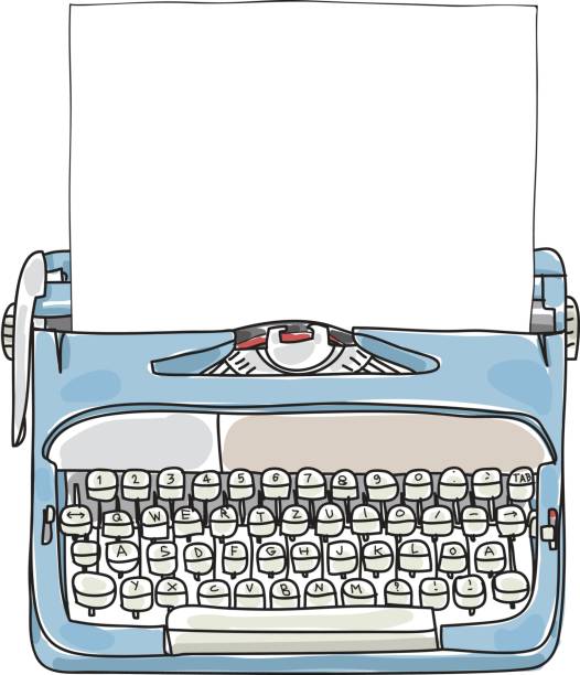 ilustrações de stock, clip art, desenhos animados e ícones de light blue working typewriter with paper  hand drawn vector cute art illustration - typewriter retro revival journalist old fashioned