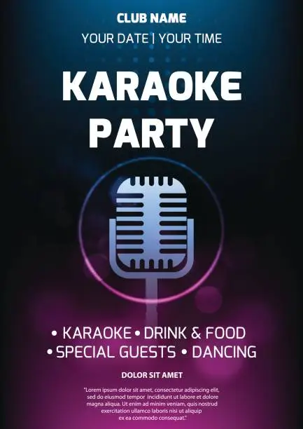 Vector illustration of Karaoke party invitation flyer template. Dark background with abstract light and glare. Retro microphone silhouette in center. A4 size. Vector eps 10.