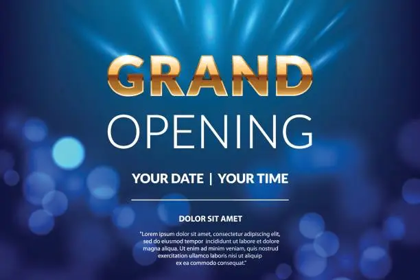 Vector illustration of Grand opening invitation concept. Celebration design. Gold glitter letters on abstract background with light effect. Applicable for banner, flyer, presentation and poster design.