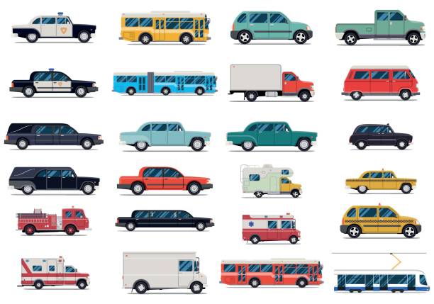 ilustrações de stock, clip art, desenhos animados e ícones de city transport set. flat design vector illustration isolated on white background - truck pick up truck side view car