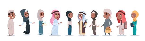 Arab Children Girls And Boys Group Small Cartoon Pupils Collection Muslim Students Arab Children Girls And Boys Group Small Cartoon Pupils Collection Muslim Students Flat Vector Illustration arabic girl stock illustrations