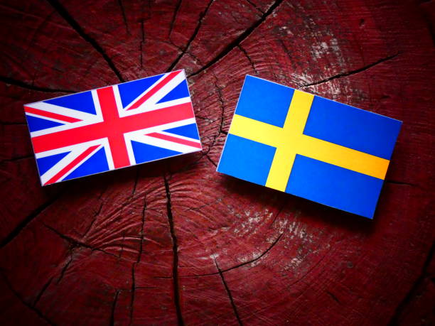 istock UK flag with Swedish flag on a tree stump isolated 820041004