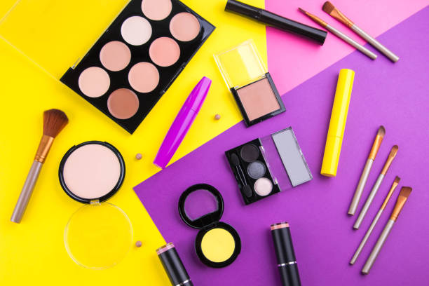 istock Decorative cosmetic set on colorful background 820042202