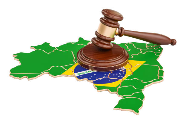 istock Wooden Gavel on map of Brazil, 3D rendering isolated on white background 820052926