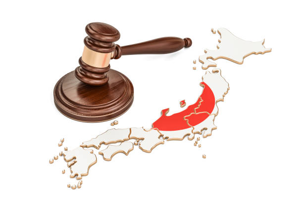 Wooden Gavel on map of Japan, 3D rendering isolated on white background