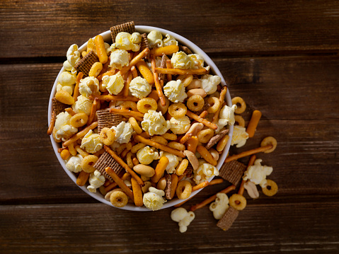 Popcorn Snack Mix with, Pretzels, Peanuts, Oat Cereal, Whole Wheat Cereal and Cheese Sticks