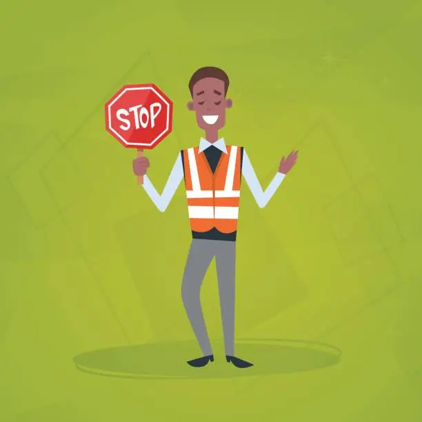 Vector illustration of Traffic Policeman Guard Holding Stop Road Sign