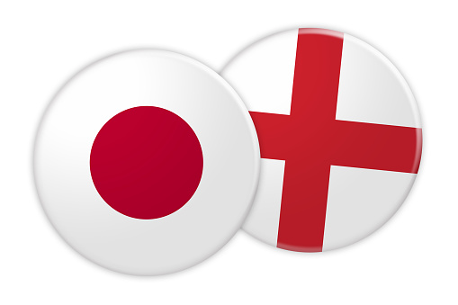 News Concept: Japan Flag Button On England Flag Button, 3d illustration on white background