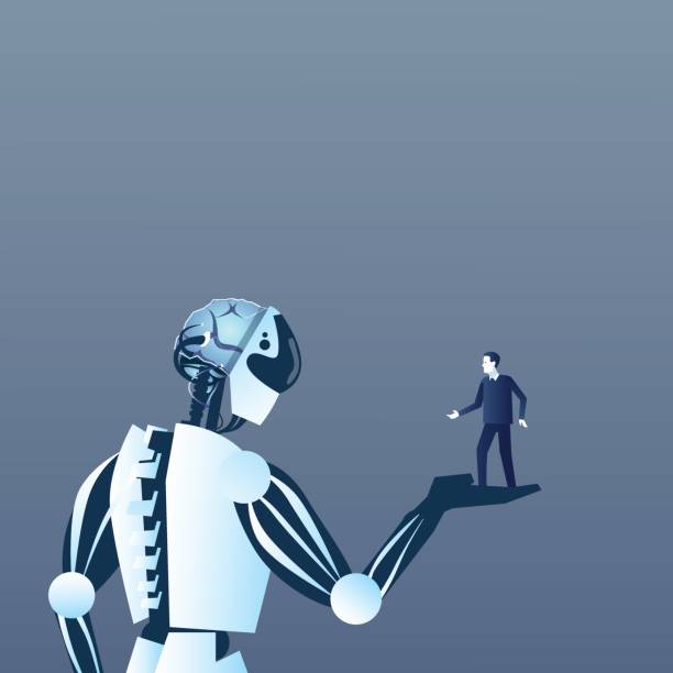 istock Robot Holding Human On Palm Modern Artificial And People Intelligence Futuristic Mechanism Technology 820100974
