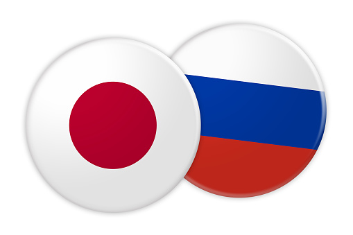 News Concept: Japan Flag Button On Russia Flag Button, 3d illustration on white background
