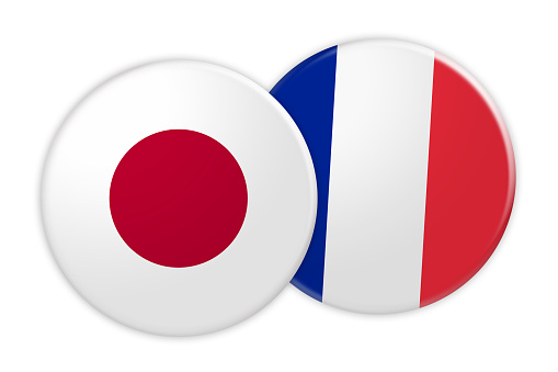 News Concept: Japan Flag Button On France Flag Button, 3d illustration on white background