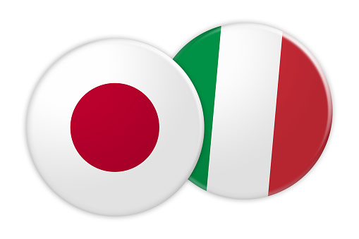 News Concept: Japan Flag Button On Italy Flag Button, 3d illustration on white background