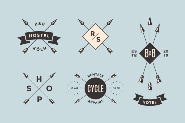 Set of emblem, label and design elements for hotel, bicycle shop, hostel and barbershop in vintage retro style. Signs, labels, identity and badges for business brands. Vector Illustration