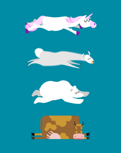 zestaw śpiących zwierząt 3. jednorożec i niedźwiedź polarny. krowa i lama. dzikie zwierzę śpi. senna bestia - polar bear bear vector mammal stock illustrations