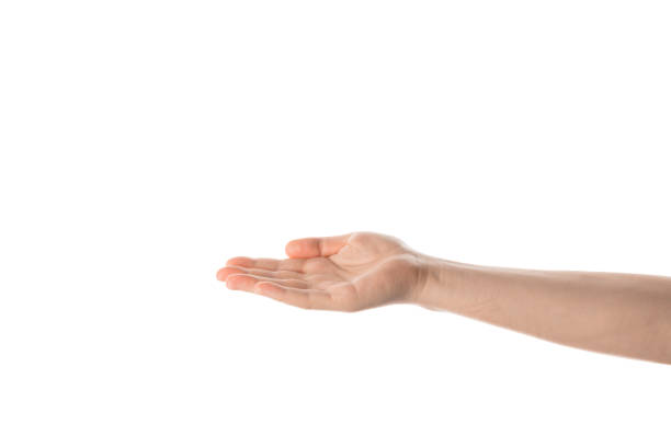 istock Man hand hold, grab or catch some object, hand gesture. Isolated on white 820161404