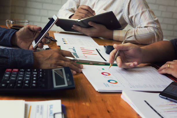 istock Administrator business man financial inspector and secretary making report. 820179072