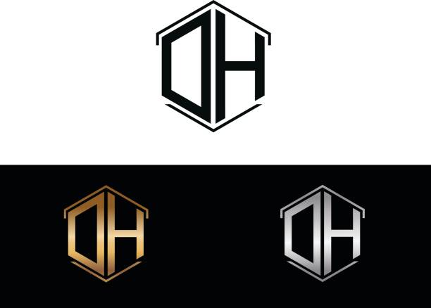 ilustrações, clipart, desenhos animados e ícones de letras de dh ligadas com logotipo de forma de hexágono - dh